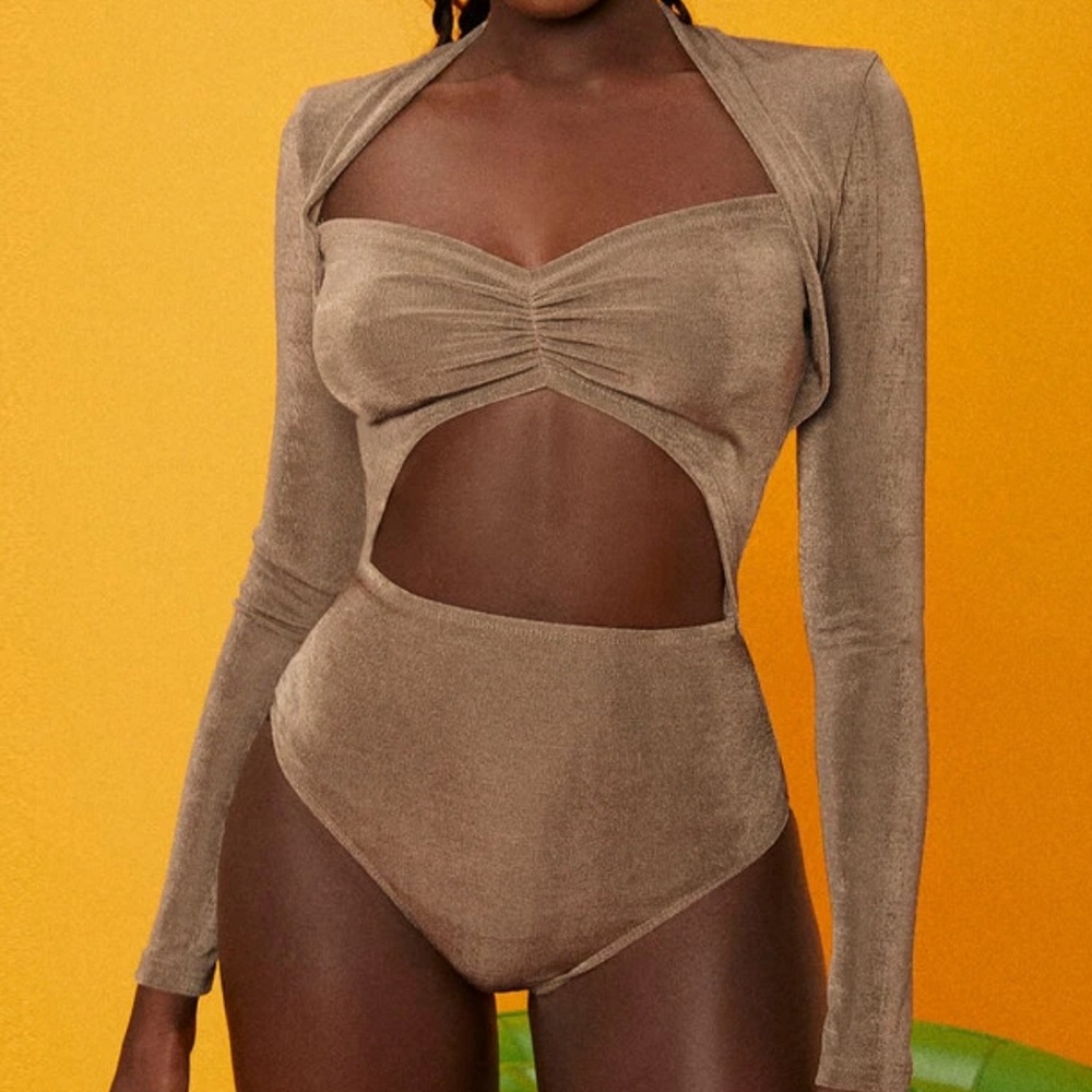 SHEIN Taupe Long Sleeve Slinky Cut-Out Bodysuit